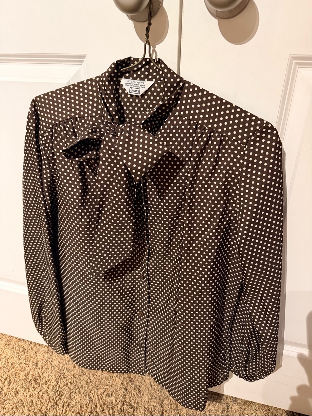 Sears Brown and White Polka Dot Tie-Neck Button Down Blouse